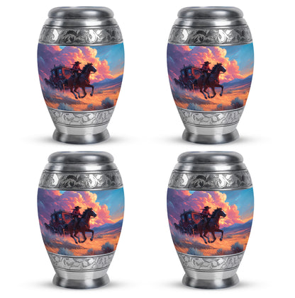 Twilight Blue Cowboy Cremation Urn urn with complimentary velvet bag - royal cowboy engraving with decorative scrollwork - 10 inch aluminum urn for cremated remains