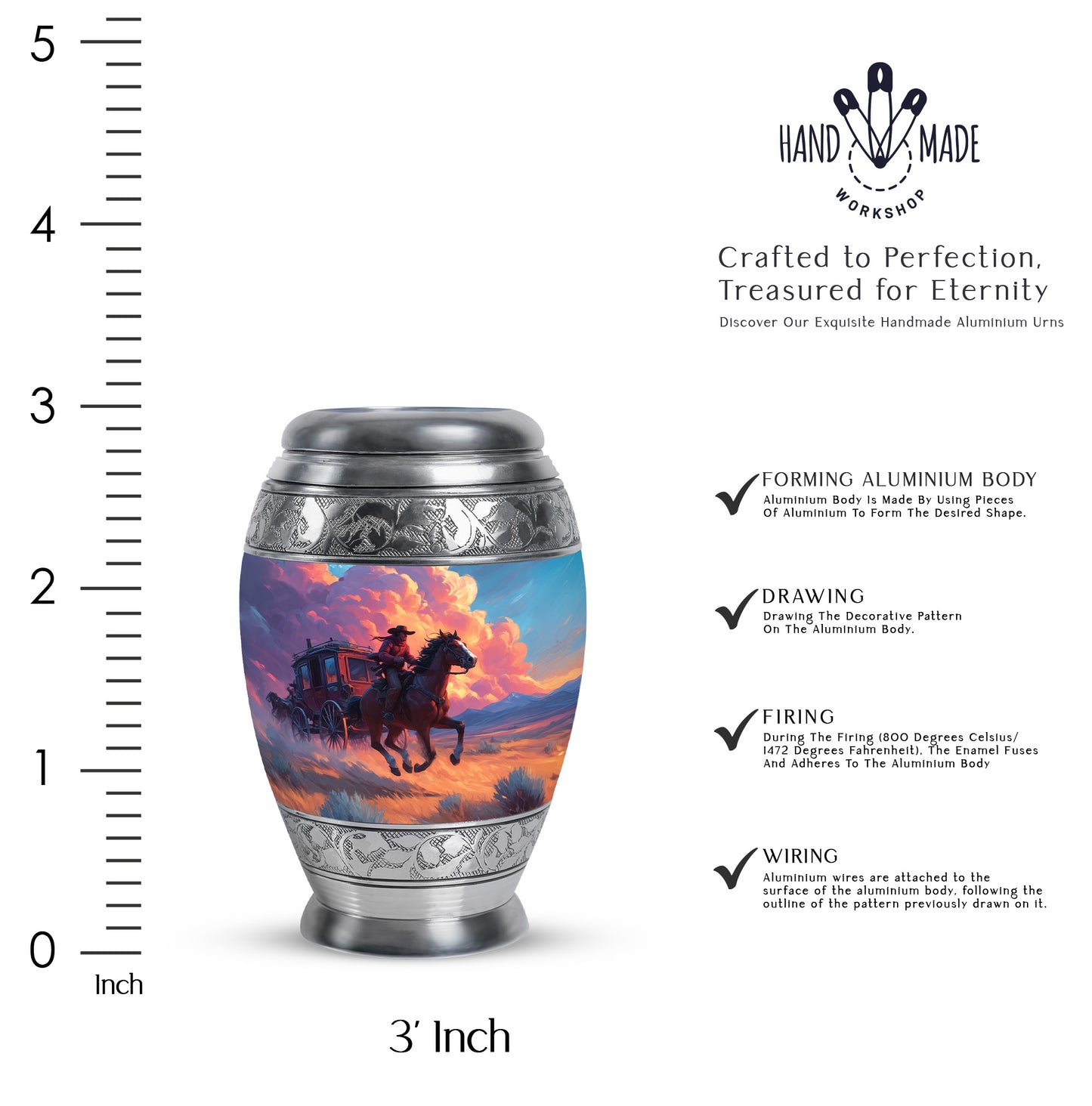Sapphire Blue Cowboy Cremation Urn lifestyle display on memorial shelf - royal cowboy engraving with decorative scrollwork - mini keepsake memorial for portion of cremation ashes
