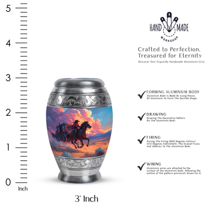 Sapphire Blue Cowboy Cremation Urn lifestyle display on memorial shelf - royal cowboy engraving with decorative scrollwork - mini keepsake memorial for portion of cremation ashes