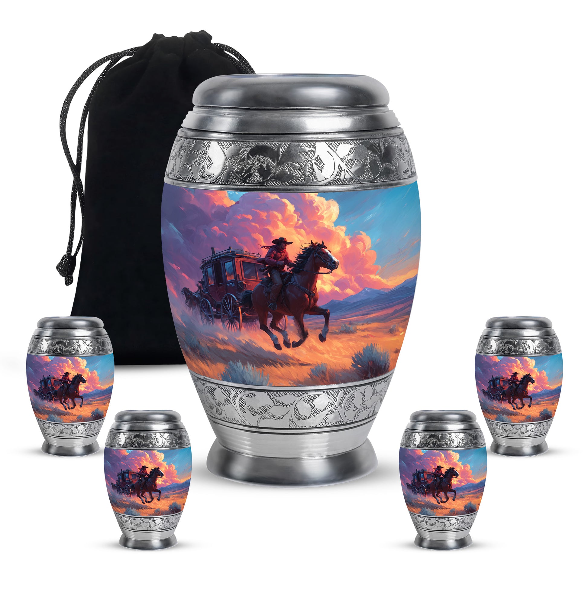 Cornflower Blue Cowboy Cremation Urn detail view - majestic cowboy pattern with filigree border - memorial set with one large and four small urns