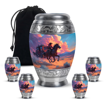 Cornflower Blue Cowboy Cremation Urn detail view - majestic cowboy pattern with filigree border - memorial set with one large and four small urns