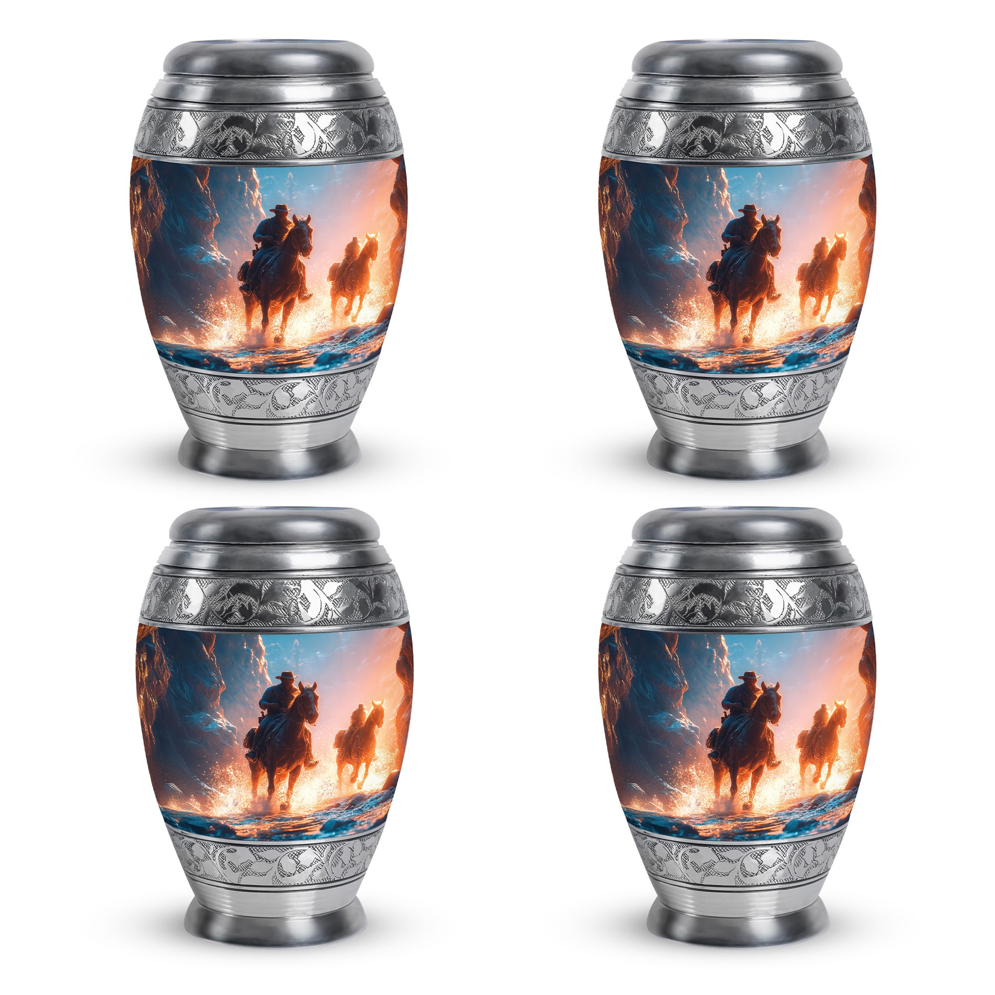 Dusty Blue Cowboy Cremation Urn urn with complimentary velvet bag - ornate monarch-style cowboy relief on brushed aluminum - 10 inch aluminum urn for cremated remains