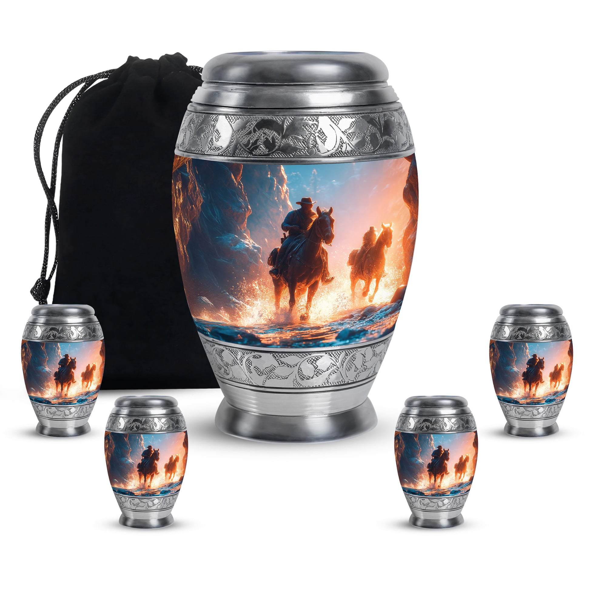 Indigo Cowboy Cremation Urn detail view - ornate monarch-style cowboy relief on brushed aluminum - memorial set with one large and four small urns
