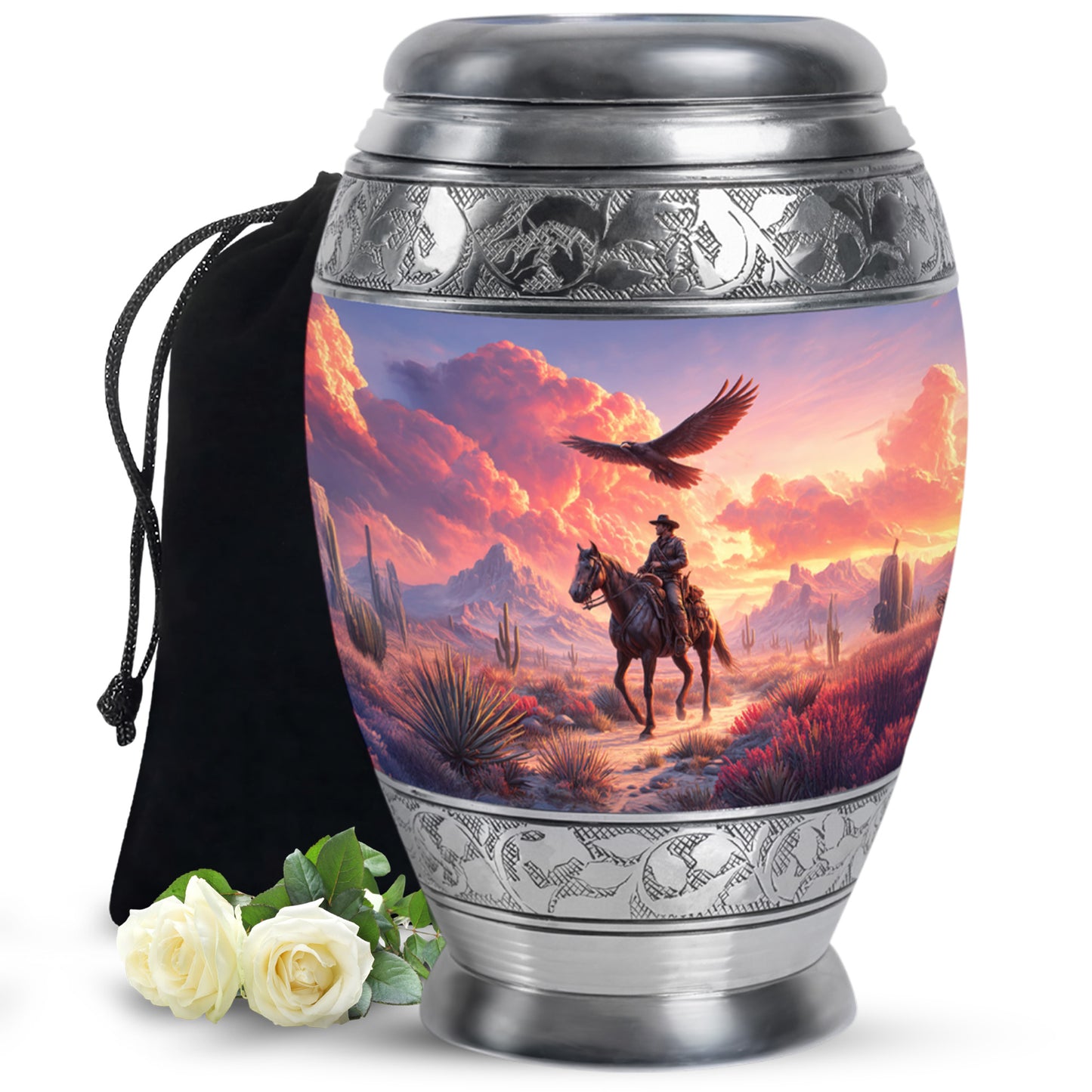 Deep Purple Cowboy Cremation Urn back view with polished surface - ornate monarch-style cowboy relief on brushed aluminum - full-size 10 inch 200 cubic inch adult cremation urn