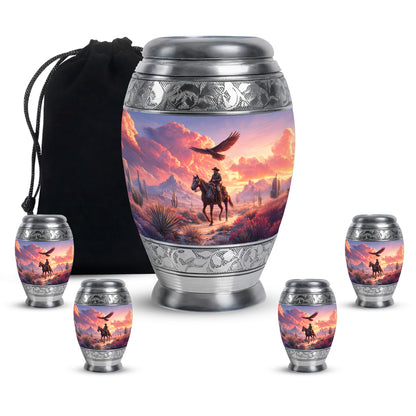 Orchid Purple Cowboy Cremation Urn detail view - ornate monarch-style cowboy relief on brushed aluminum - memorial set with one large and four small urns