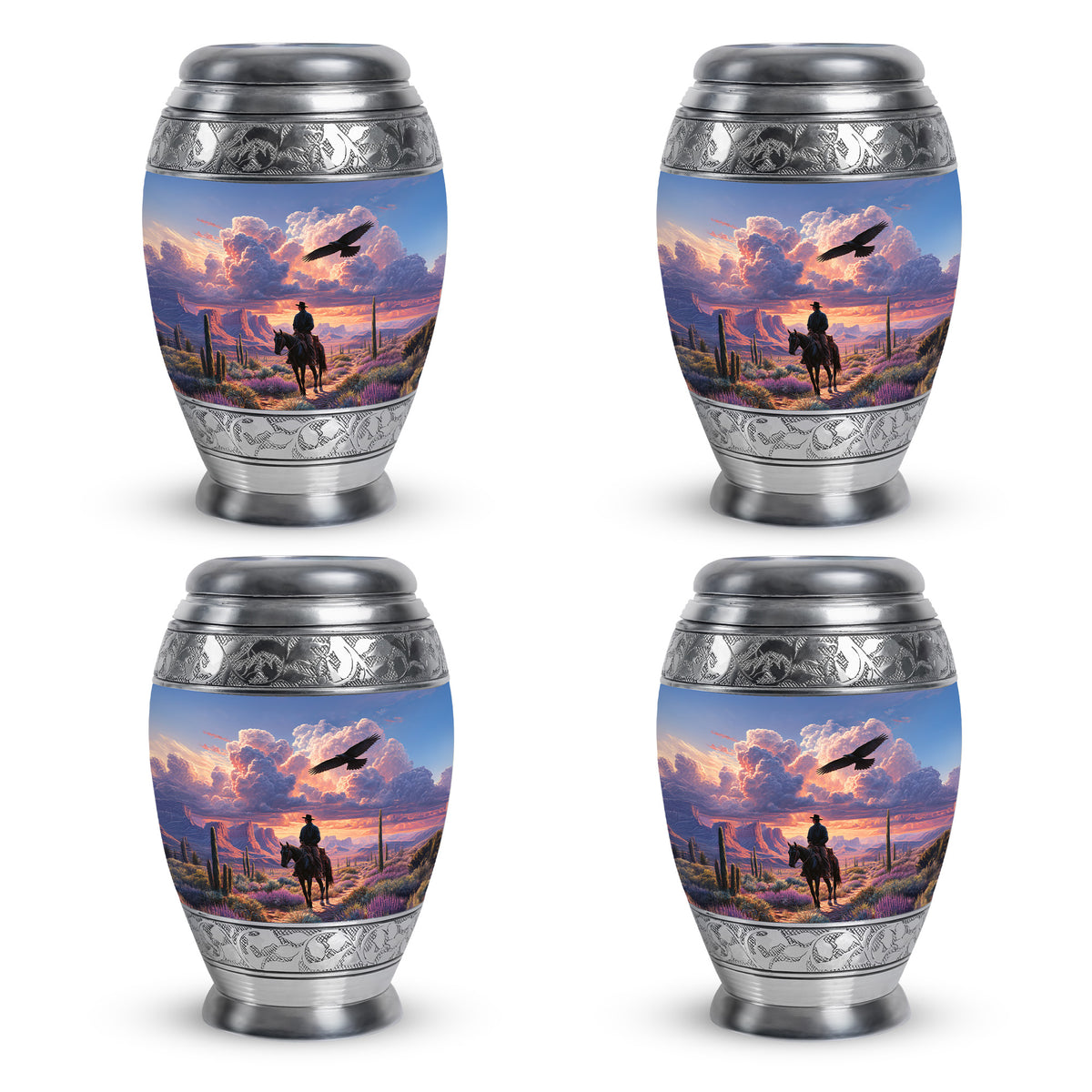 Pastel Blue Cowboy Cremation Urn urn with complimentary velvet bag - regal cowboy design with crown-inspired accents - 10 inch aluminum urn for cremated remains