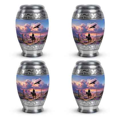 Pastel Blue Cowboy Cremation Urn urn with complimentary velvet bag - regal cowboy design with crown-inspired accents - 10 inch aluminum urn for cremated remains