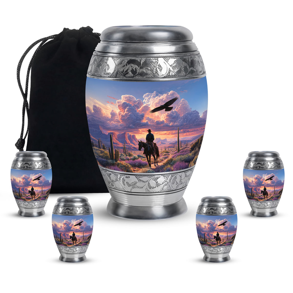 Cobalt Blue Cowboy Cremation Urn detail view - royal cowboy engraving with decorative scrollwork - memorial set with one large and four small urns
