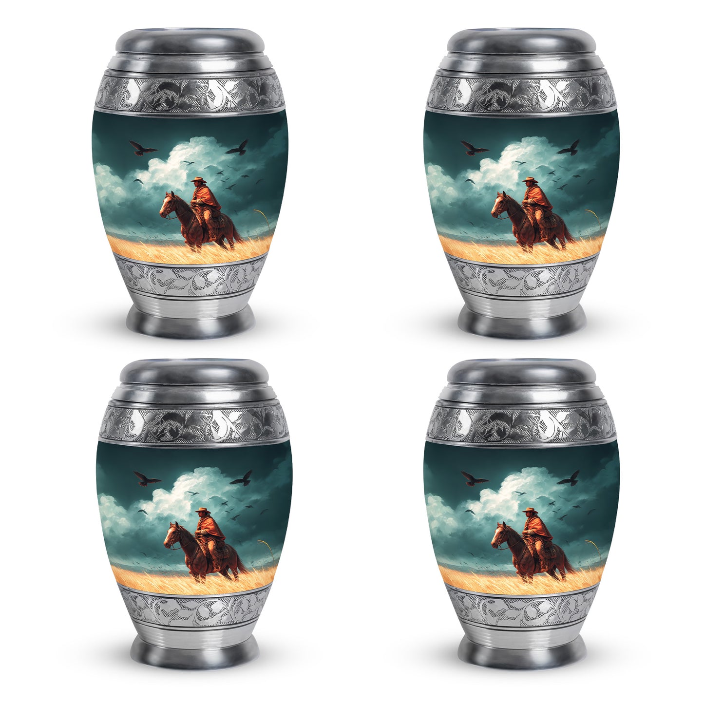 Cool Teal Cowboy Cremation Urn urn with complimentary velvet bag - regal cowboy design with crown-inspired accents - 10 inch aluminum urn for cremated remains