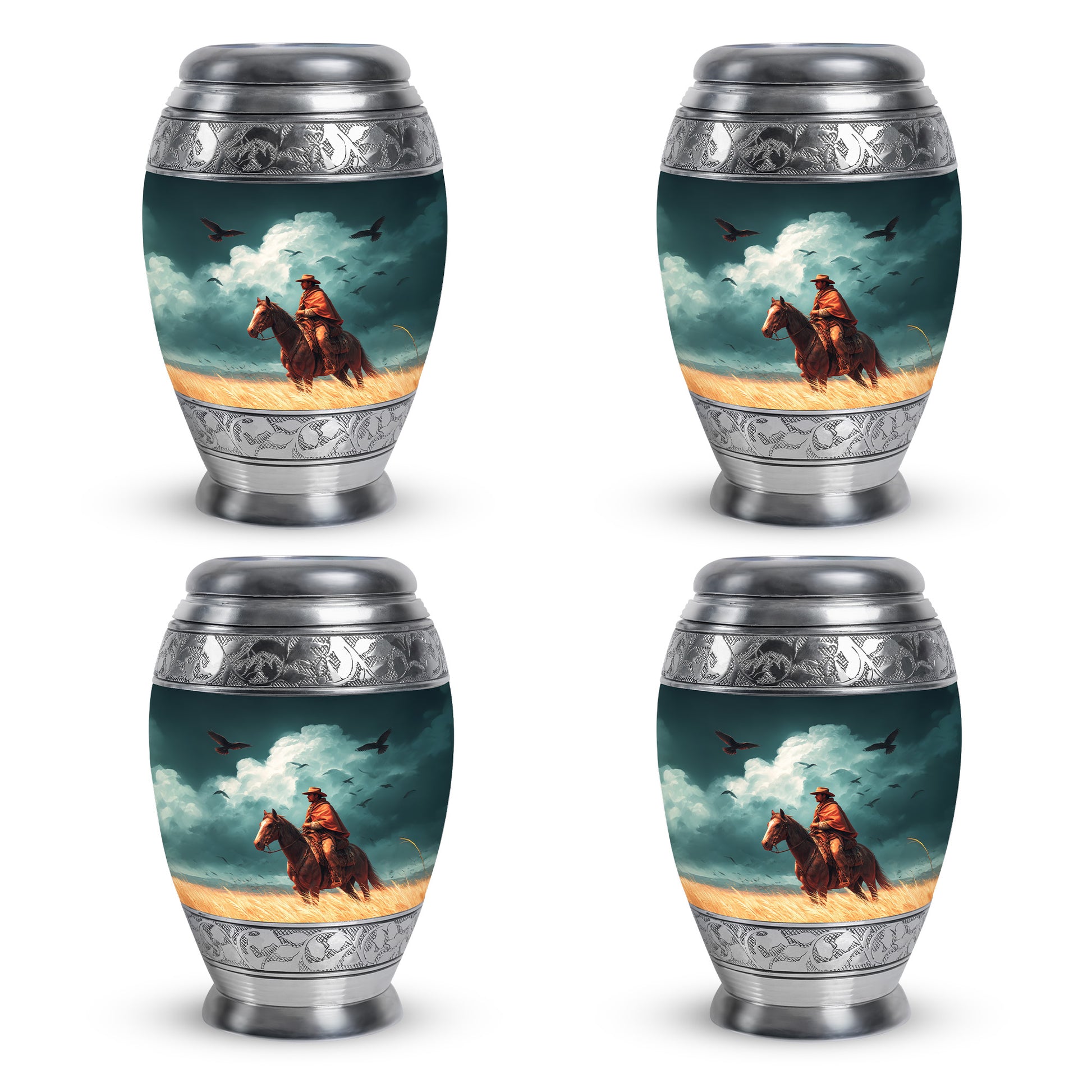 Cool Teal Cowboy Cremation Urn urn with complimentary velvet bag - regal cowboy design with crown-inspired accents - 10 inch aluminum urn for cremated remains