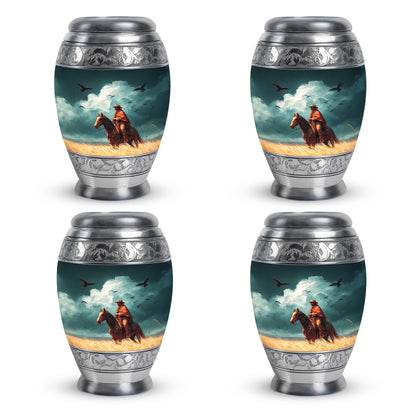 Cool Teal Cowboy Cremation Urn urn with complimentary velvet bag - regal cowboy design with crown-inspired accents - 10 inch aluminum urn for cremated remains