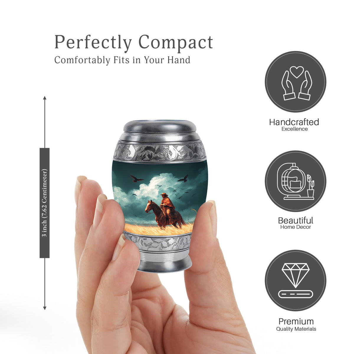 Ocean Teal Cowboy Cremation Urn lifestyle display on memorial shelf - ornate monarch-style cowboy relief on brushed aluminum - mini keepsake memorial for portion of cremation ashes
