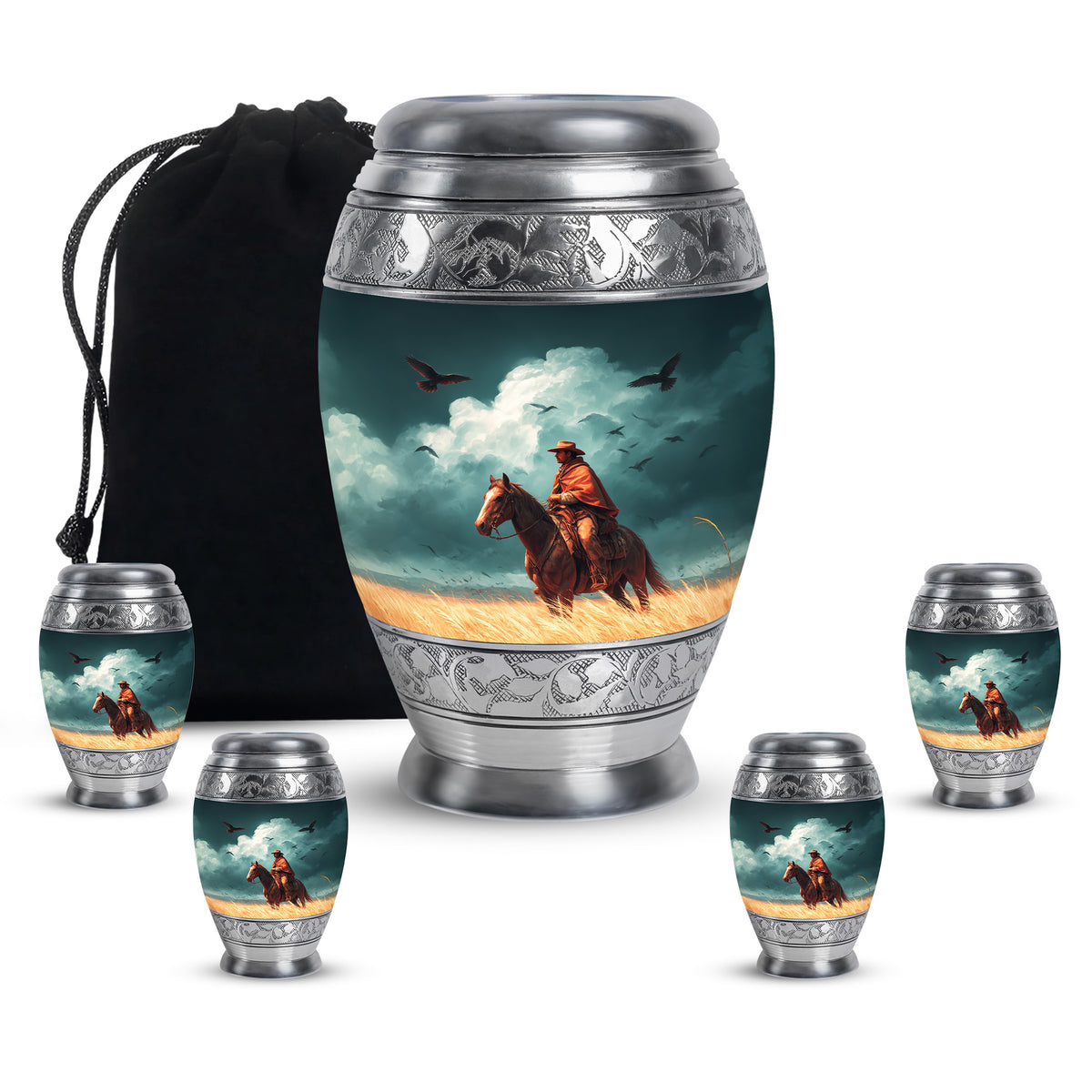 Soft Teal Cowboy Cremation Urn detail view - regal cowboy design with crown-inspired accents - memorial set with one large and four small urns