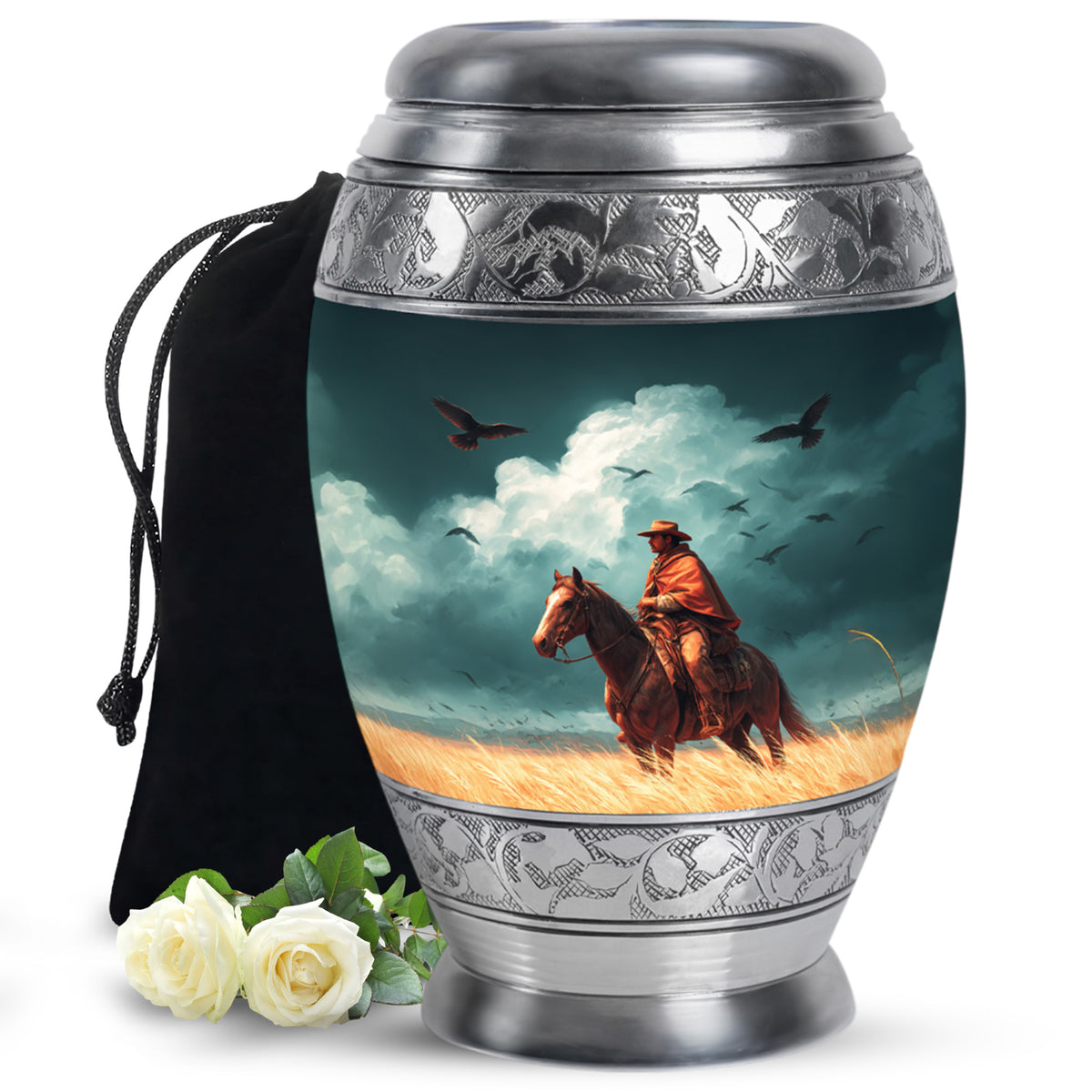 Tropical Teal Cowboy Cremation Urn back view with polished surface - majestic cowboy pattern with filigree border - full-size 10 inch 200 cubic inch adult cremation urn