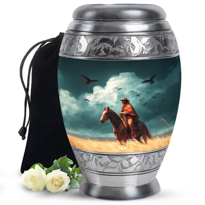 Tropical Teal Cowboy Cremation Urn back view with polished surface - majestic cowboy pattern with filigree border - full-size 10 inch 200 cubic inch adult cremation urn