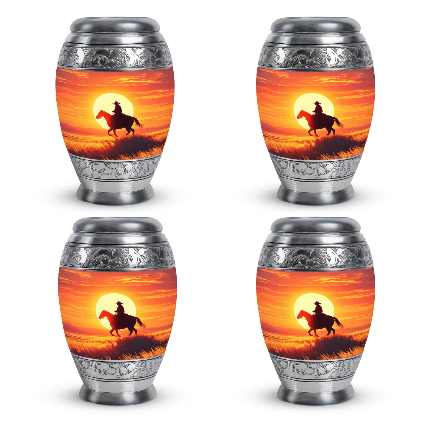 Deep Red Cowboy Cremation Urn urn with complimentary velvet bag - ornate monarch-style cowboy relief on brushed aluminum - 10 inch aluminum urn for cremated remains