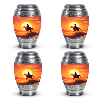 Deep Red Cowboy Cremation Urn urn with complimentary velvet bag - ornate monarch-style cowboy relief on brushed aluminum - 10 inch aluminum urn for cremated remains