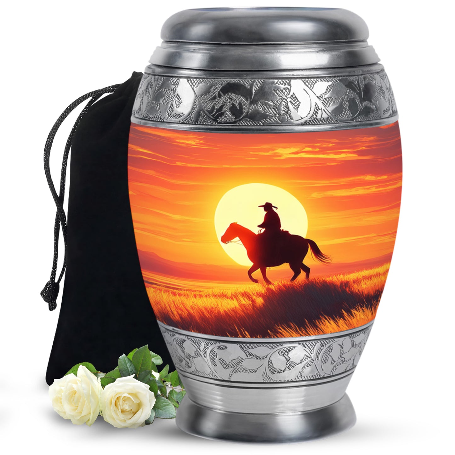 Wine Red Cowboy Cremation Urn back view with polished surface - regal cowboy design with crown-inspired accents - full-size 10 inch 200 cubic inch adult cremation urn