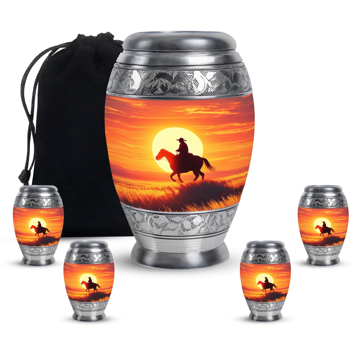 Crimson Red Cowboy Cremation Urn detail view - ornate monarch-style cowboy relief on brushed aluminum - memorial set with one large and four small urns
