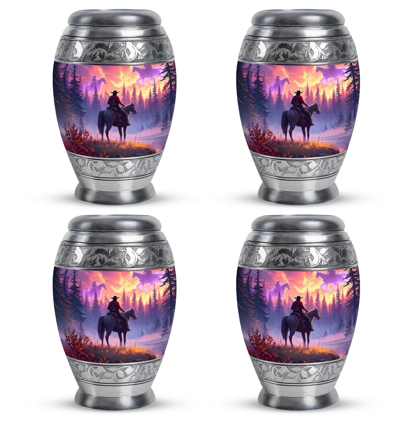 Deep Red Cowboy Cremation Urn urn with complimentary velvet bag - regal cowboy design with crown-inspired accents - 10 inch aluminum urn for cremated remains
