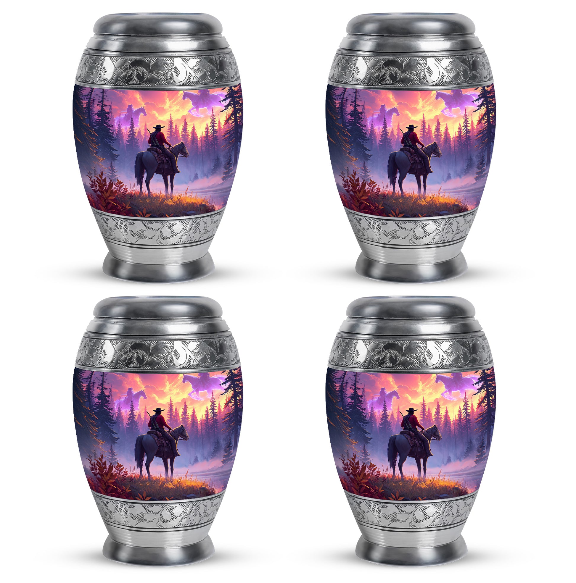 Deep Red Cowboy Cremation Urn urn with complimentary velvet bag - regal cowboy design with crown-inspired accents - 10 inch aluminum urn for cremated remains