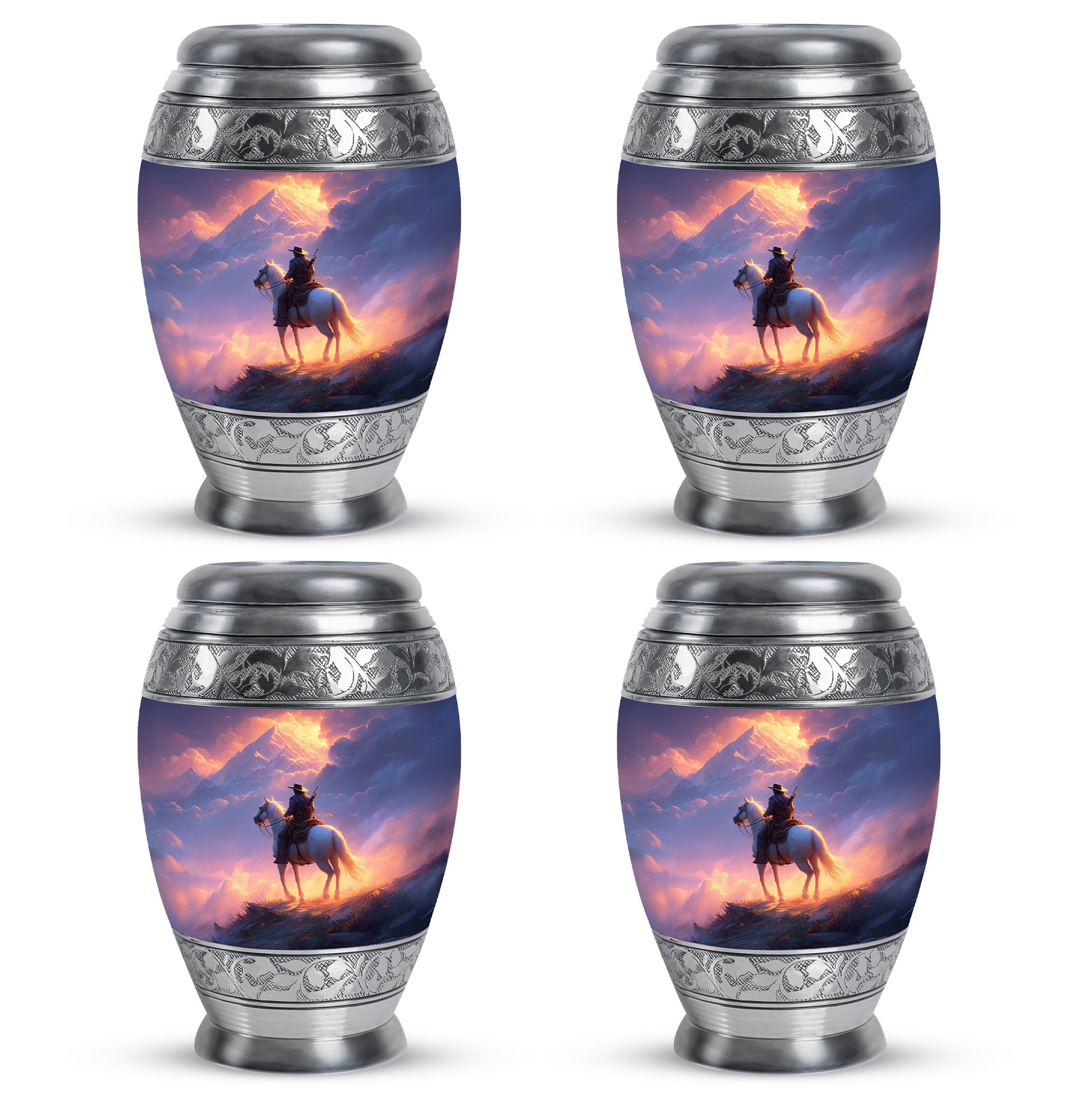 Garnet Red Cowboy Cremation Urn urn with complimentary velvet bag - ornate monarch-style cowboy relief on brushed aluminum - 10 inch aluminum urn for cremated remains