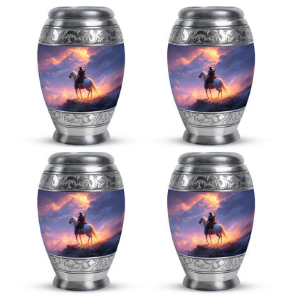 Garnet Red Cowboy Cremation Urn urn with complimentary velvet bag - ornate monarch-style cowboy relief on brushed aluminum - 10 inch aluminum urn for cremated remains