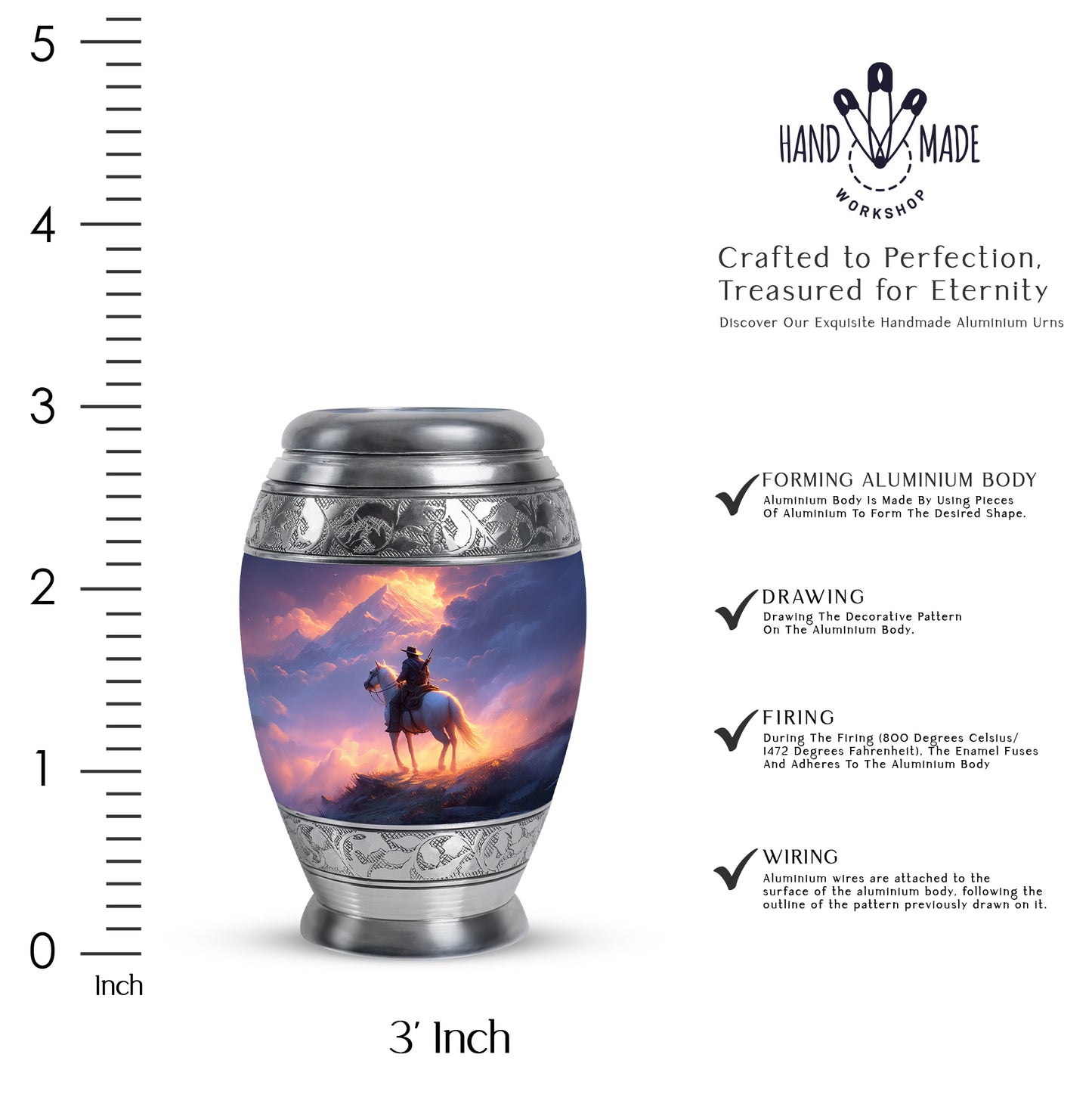 Fiery Red Cowboy Cremation Urn lifestyle display on memorial shelf - majestic cowboy pattern with filigree border - mini keepsake memorial for portion of cremation ashes