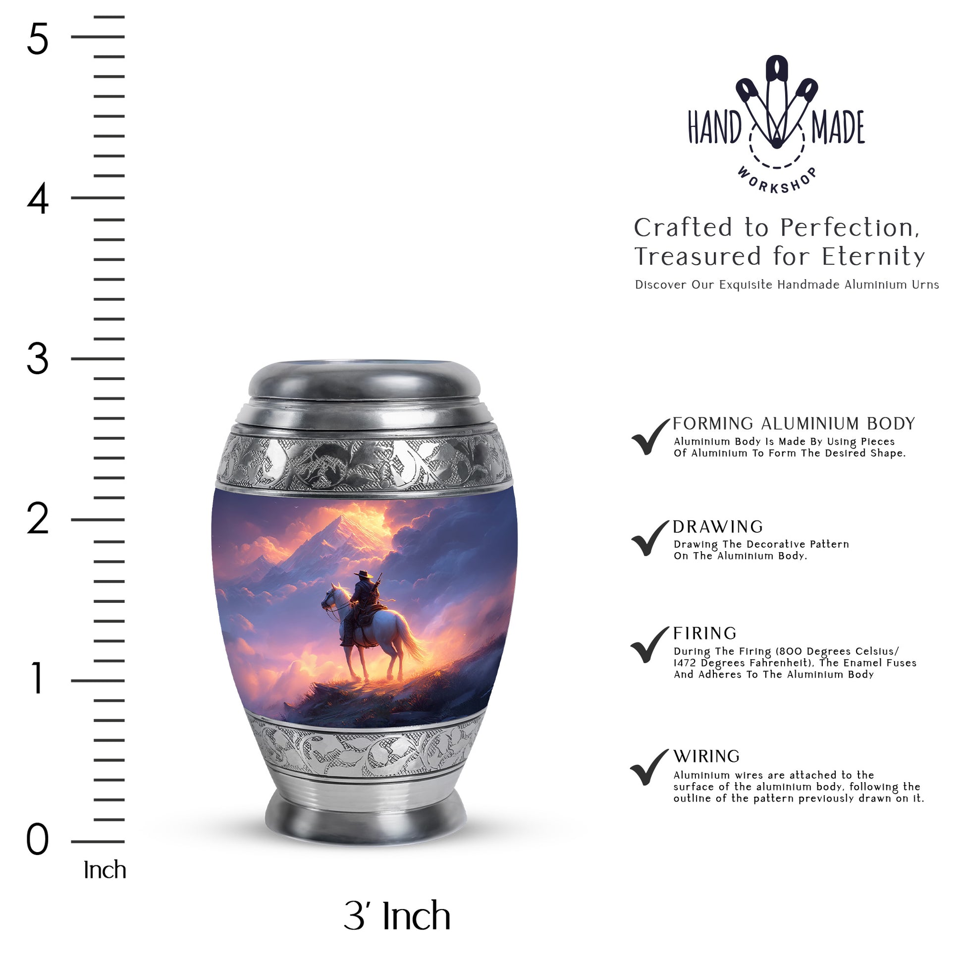 Fiery Red Cowboy Cremation Urn lifestyle display on memorial shelf - majestic cowboy pattern with filigree border - mini keepsake memorial for portion of cremation ashes