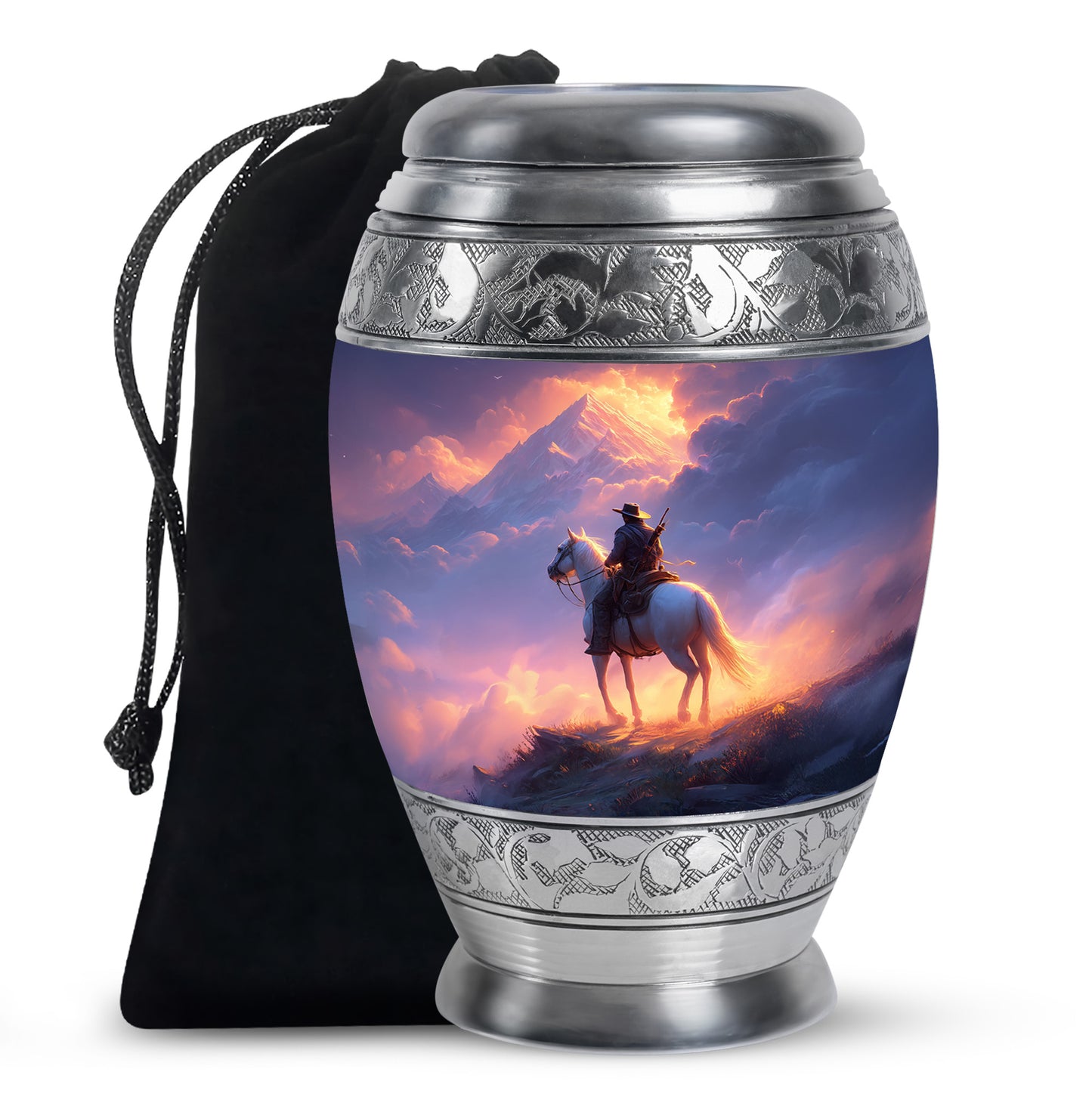 Cherry Red Cowboy Cremation Urn back view with polished surface - royal cowboy engraving with decorative scrollwork - full-size 10 inch 200 cubic inch adult cremation urn