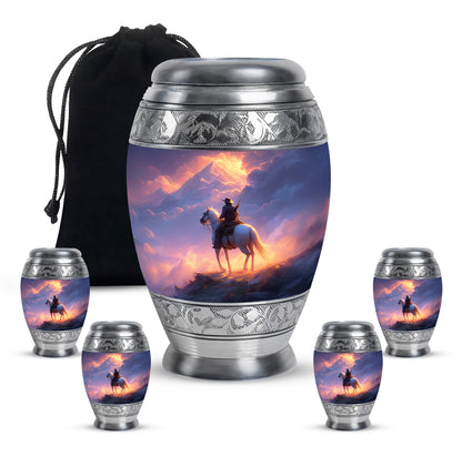 Fiery Red Cowboy Cremation Urn detail view - royal cowboy engraving with decorative scrollwork - memorial set with one large and four small urns