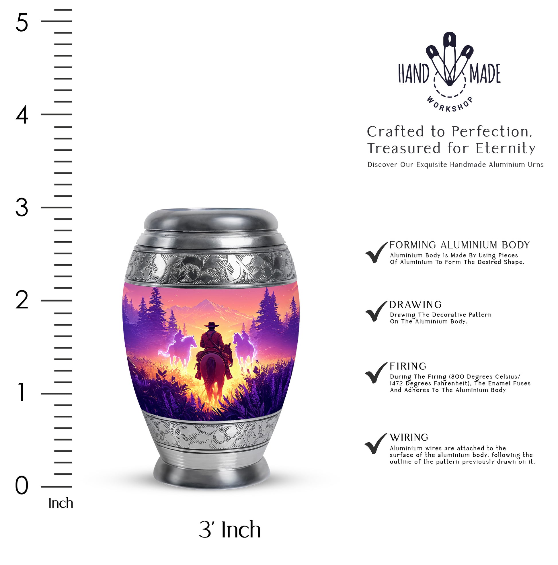 Peony Pink Cowboy Cremation Urn lifestyle display on memorial shelf - ornate monarch-style cowboy relief on brushed aluminum - mini keepsake memorial for portion of cremation ashes