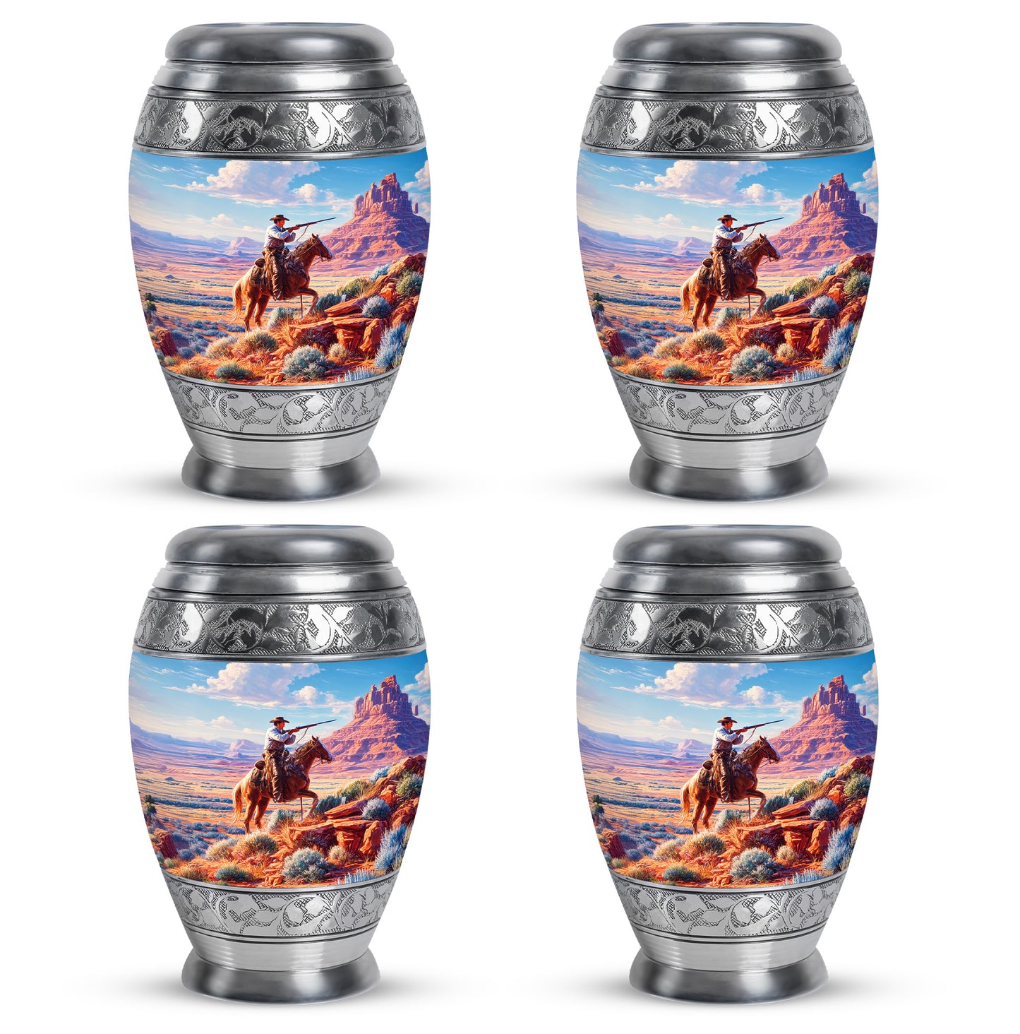 Sky Blue Cowboy Cremation Urn urn with complimentary velvet bag - regal cowboy design with crown-inspired accents - 10 inch aluminum urn for cremated remains