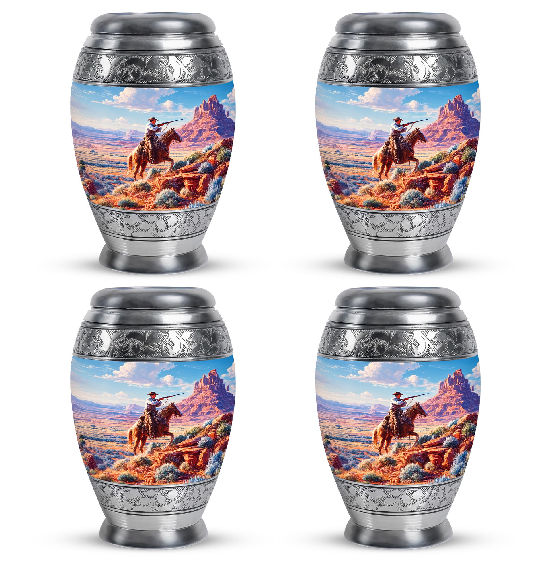 Sky Blue Cowboy Cremation Urn urn with complimentary velvet bag - regal cowboy design with crown-inspired accents - 10 inch aluminum urn for cremated remains