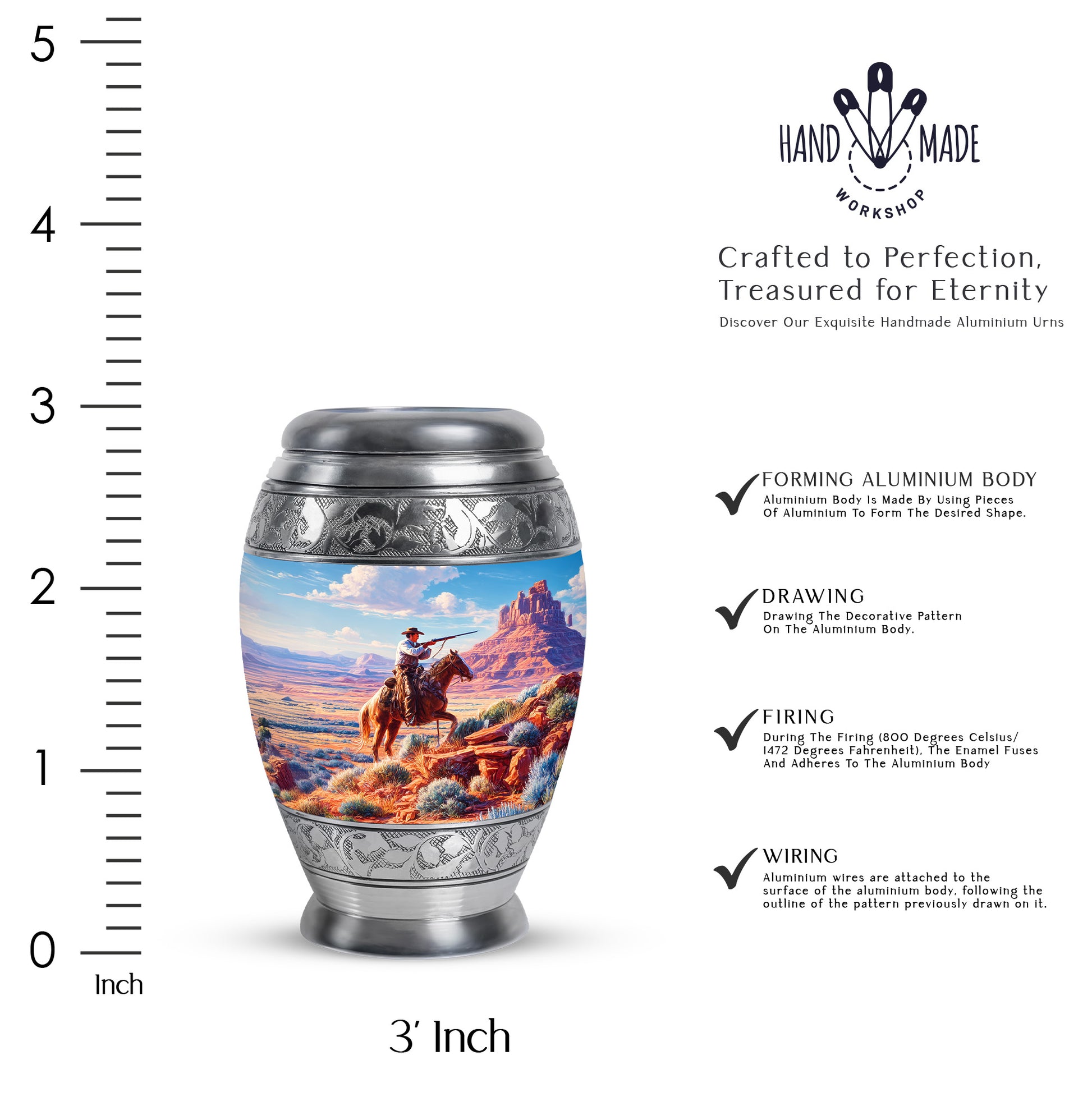 Soft Blue Cowboy Cremation Urn lifestyle display on memorial shelf - royal cowboy engraving with decorative scrollwork - mini keepsake memorial for portion of cremation ashes