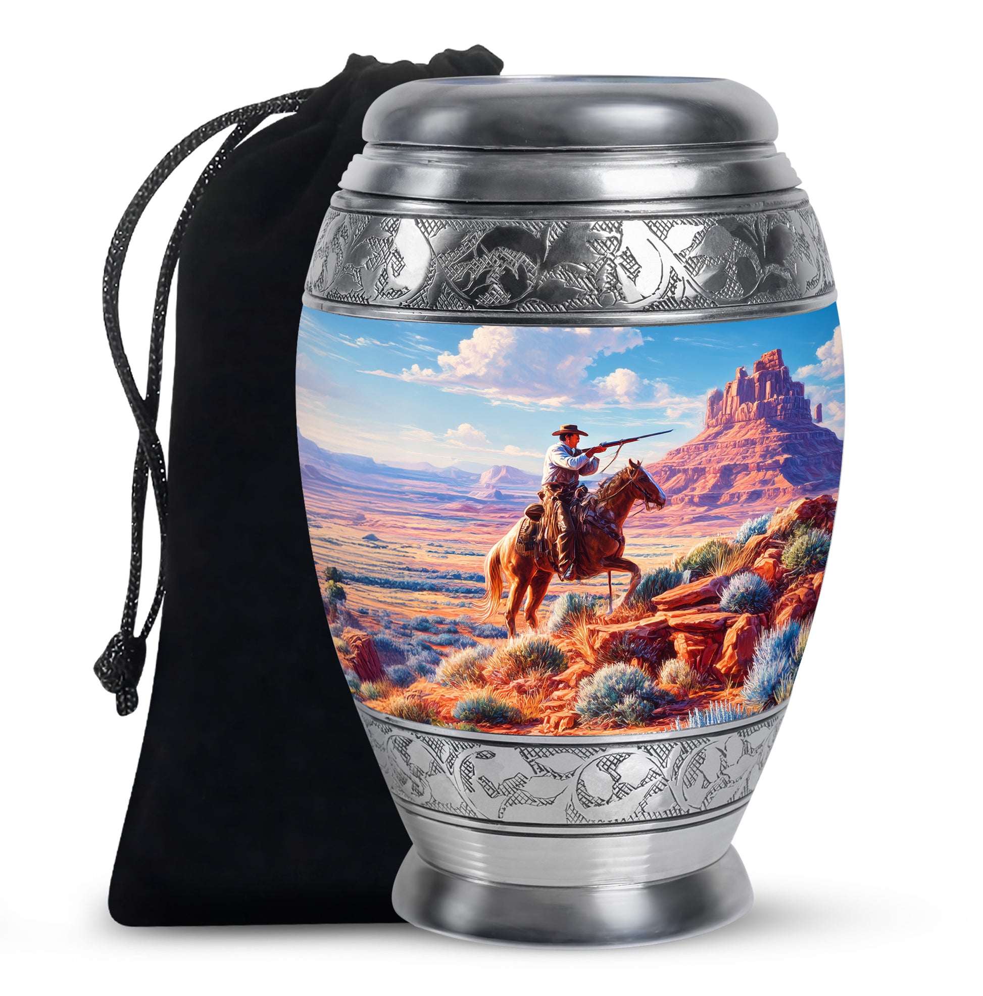 Pastel Blue Cowboy Cremation Urn back view with polished surface - ornate monarch-style cowboy relief on brushed aluminum - full-size 10 inch 200 cubic inch adult cremation urn