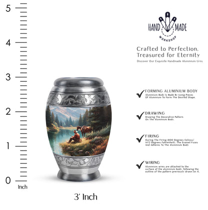 Cornflower Blue Cowboy Cremation Urn lifestyle display on memorial shelf - majestic cowboy pattern with filigree border - mini keepsake memorial for portion of cremation ashes