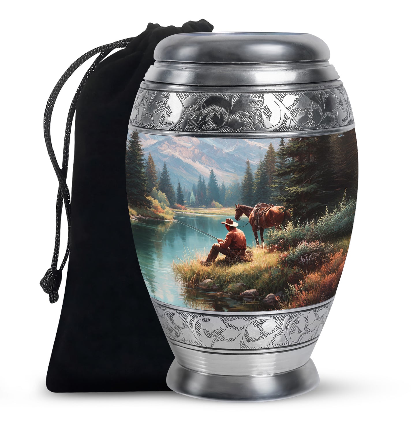 Indigo Cowboy Cremation Urn back view with polished surface - regal cowboy design with crown-inspired accents - full-size 10 inch 200 cubic inch adult cremation urn