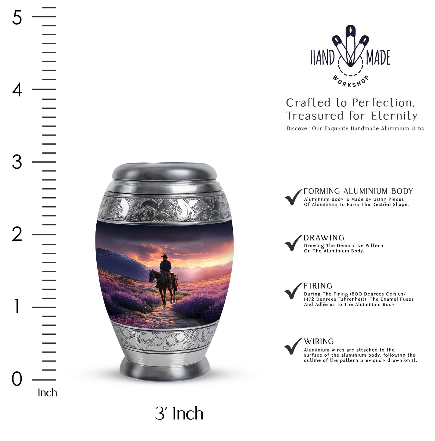 Grape Purple Cowboy Cremation Urn lifestyle display on memorial shelf - royal cowboy engraving with decorative scrollwork - mini keepsake memorial for portion of cremation ashes