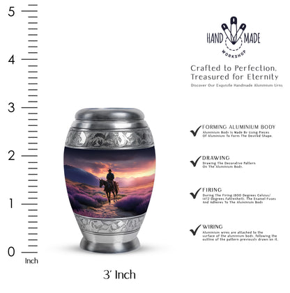 Grape Purple Cowboy Cremation Urn lifestyle display on memorial shelf - royal cowboy engraving with decorative scrollwork - mini keepsake memorial for portion of cremation ashes