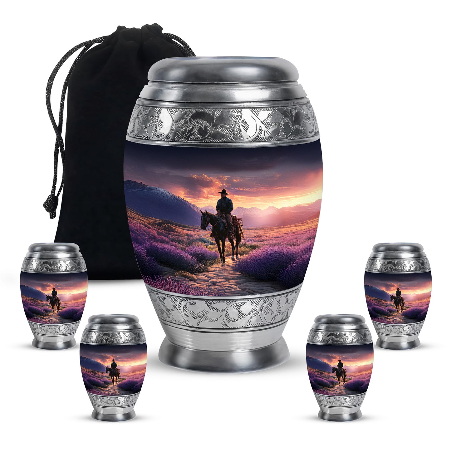 Lavender Purple Cowboy Cremation Urn detail view - royal cowboy engraving with decorative scrollwork - memorial set with one large and four small urns