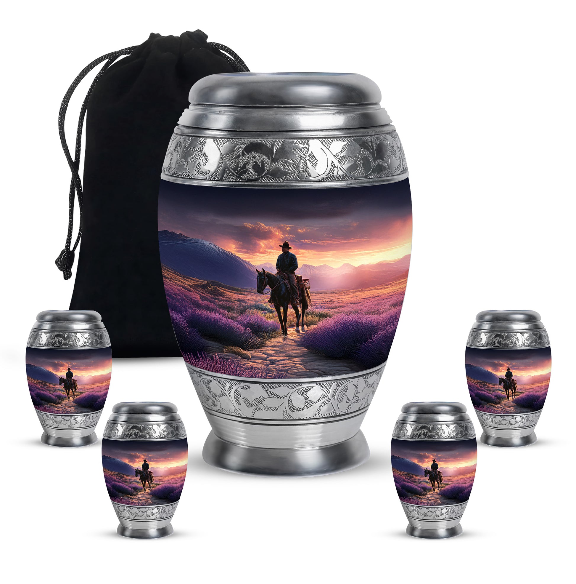 Lavender Purple Cowboy Cremation Urn detail view - royal cowboy engraving with decorative scrollwork - memorial set with one large and four small urns