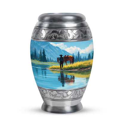 Blue Resounding Cowboy Memorial Urn for Ashes - 10-inch, 200 cu in - Yatskia