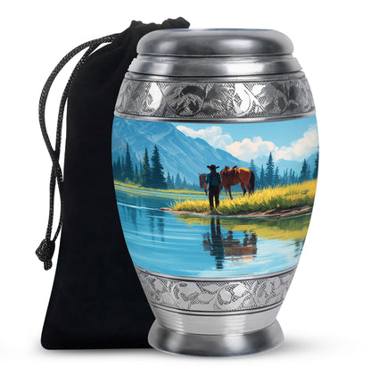 Soft Blue Cowboy Cremation Urn back view with polished surface - royal cowboy engraving with decorative scrollwork - full-size 10 inch 200 cubic inch adult cremation urn