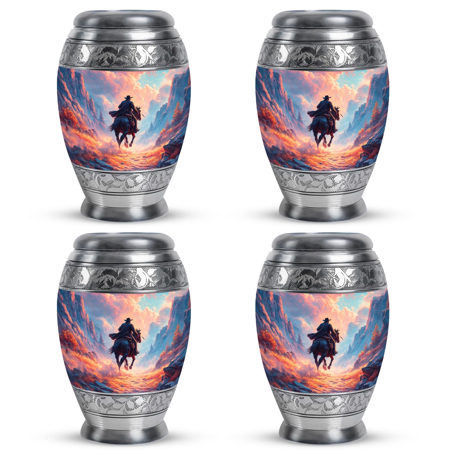 Serene Blue Cowboy Cremation Urn urn with complimentary velvet bag - majestic cowboy pattern with filigree border - 10 inch aluminum urn for cremated remains