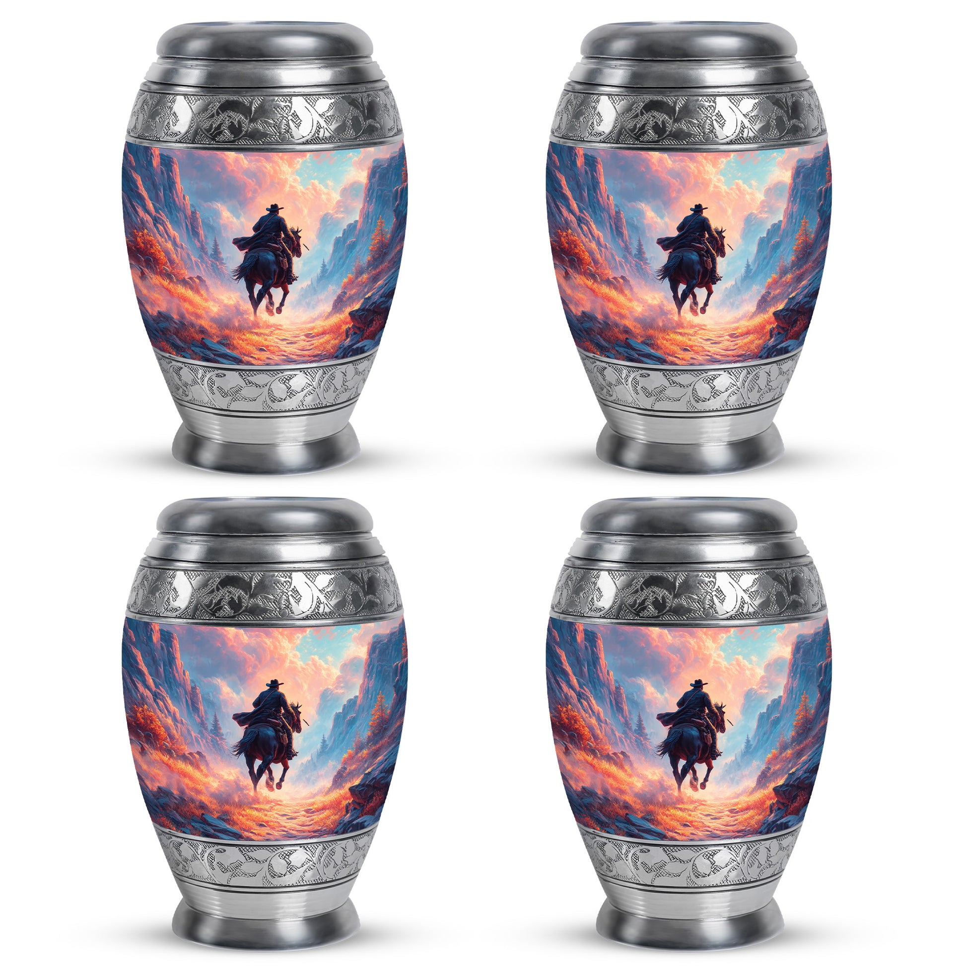 Serene Blue Cowboy Cremation Urn urn with complimentary velvet bag - majestic cowboy pattern with filigree border - 10 inch aluminum urn for cremated remains