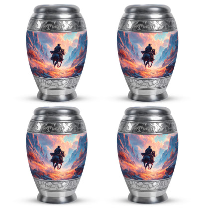 Serene Blue Cowboy Cremation Urn urn with complimentary velvet bag - majestic cowboy pattern with filigree border - 10 inch aluminum urn for cremated remains