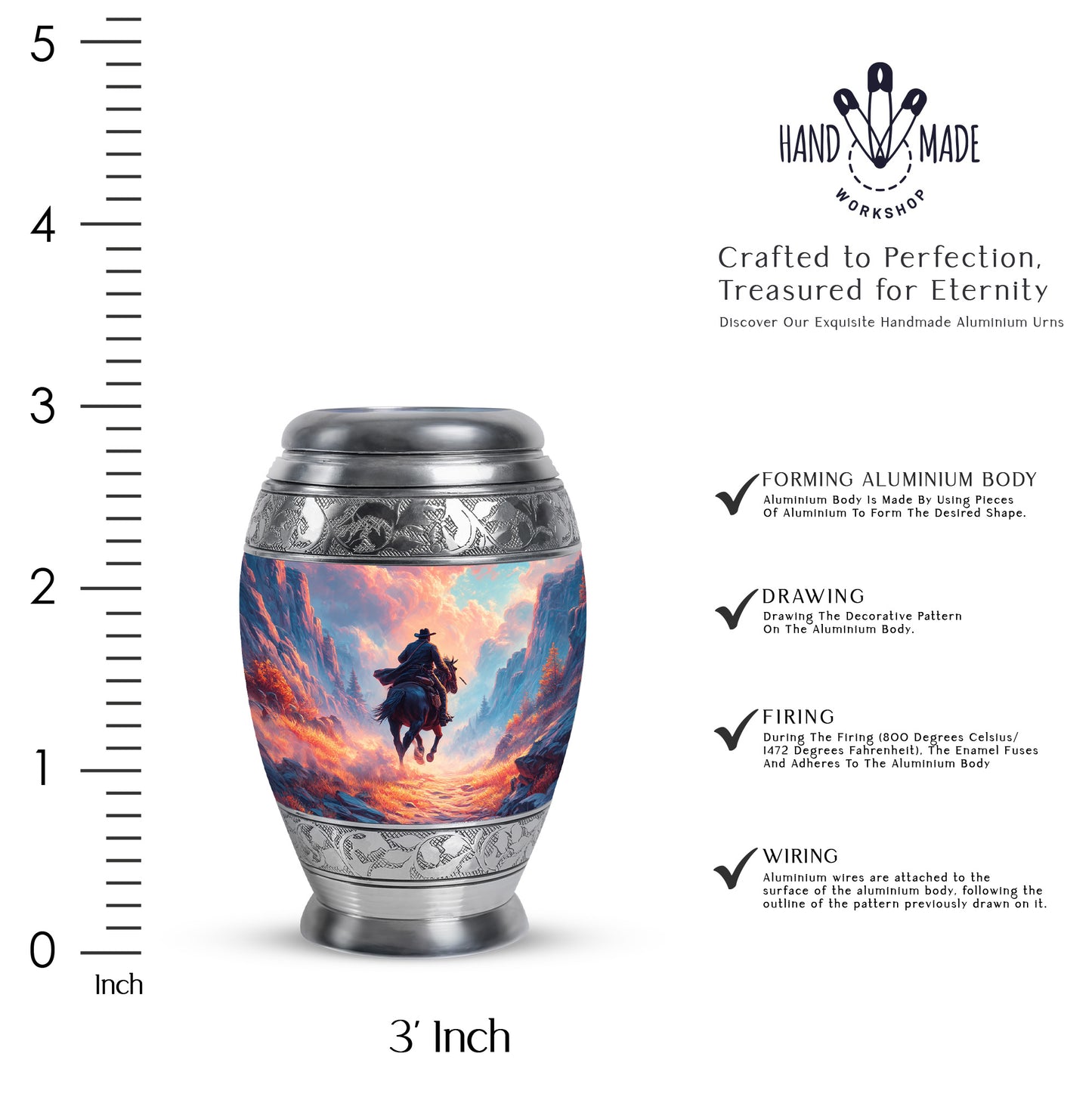 Misty Blue Cowboy Cremation Urn lifestyle display on memorial shelf - ornate monarch-style cowboy relief on brushed aluminum - mini keepsake memorial for portion of cremation ashes