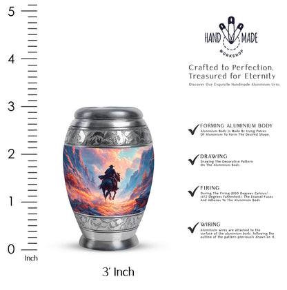 Misty Blue Cowboy Cremation Urn lifestyle display on memorial shelf - ornate monarch-style cowboy relief on brushed aluminum - mini keepsake memorial for portion of cremation ashes