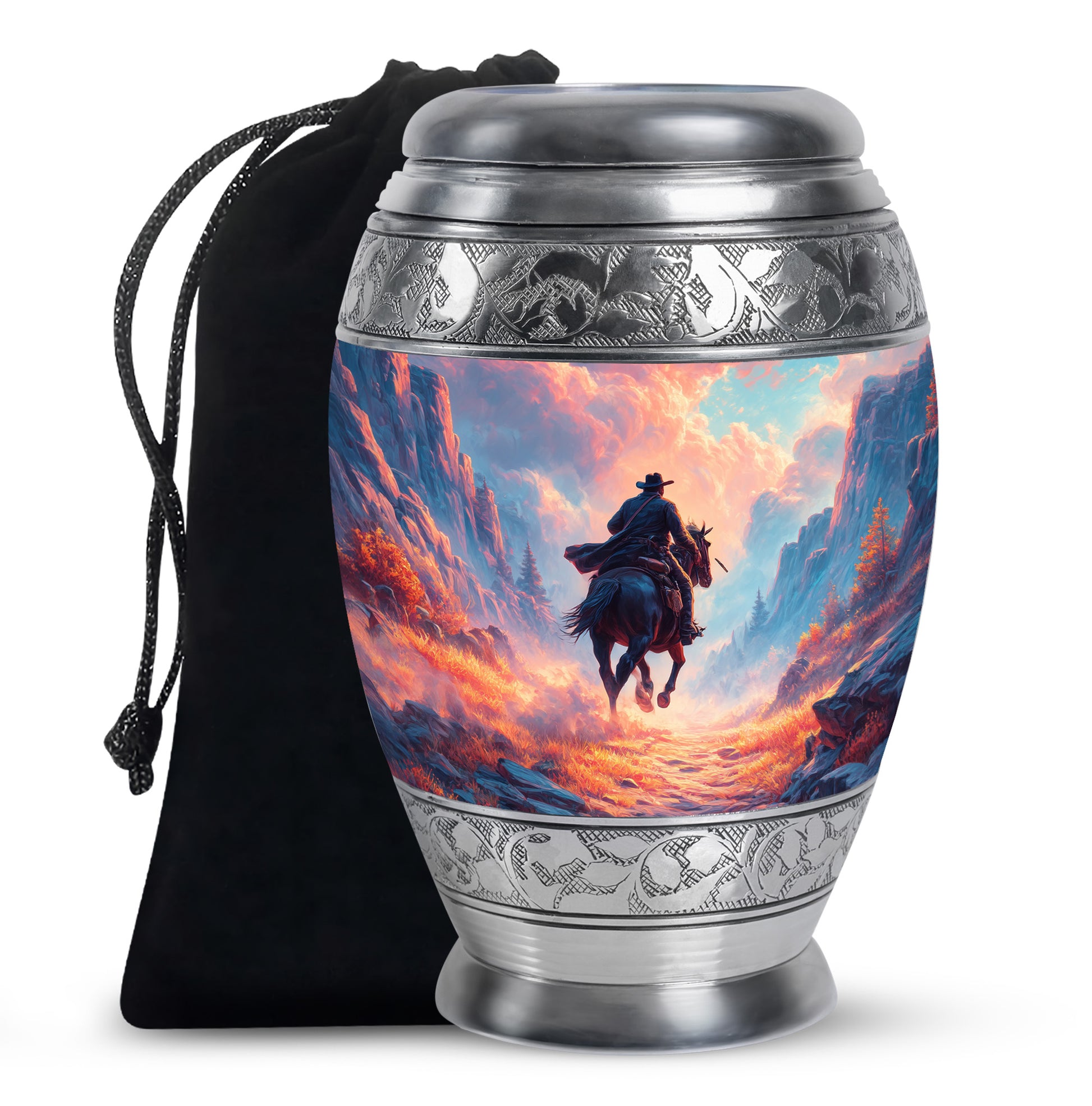 Twilight Blue Cowboy Cremation Urn back view with polished surface - majestic cowboy pattern with filigree border - full-size 10 inch 200 cubic inch adult cremation urn